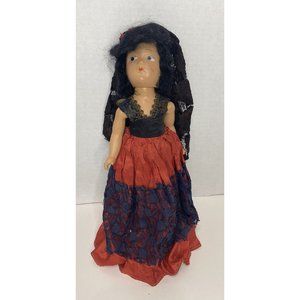 10" Vintage 1950s Doll In Red Dress Goth Spanish Black Lace